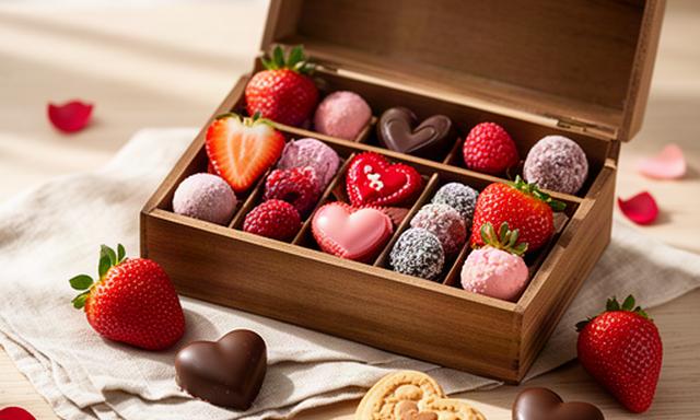 Caja de dulces románticos de San Valentín con fresas, bombones y galletas decoradas sobre una mesa en Murcia