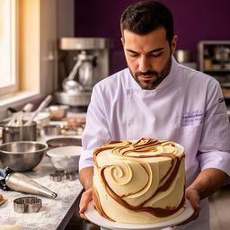 Chef pastelero fundador revisando una tarta en el obrador de Murcia