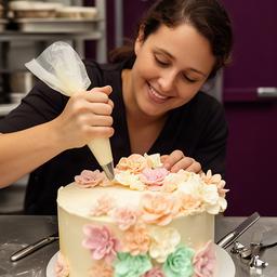 Decoradora de repostería aplicando flores de crema sobre una tarta
