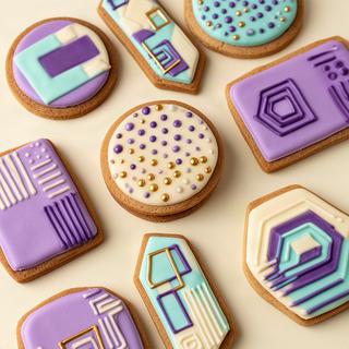 Galletas decoradas con formas geométricas y colores de una marca gastronómica