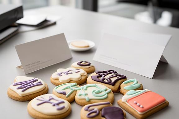Galletas decoradas con mensajes corporativos junto a tarjetas de identificación en una oficina