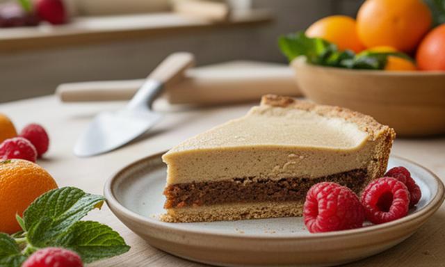 Porción de tarta vegana y sin gluten junto a frutas frescas en un obrador artesanal