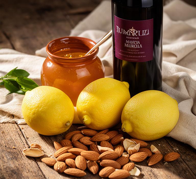 Limones de Murcia, almendras marconas, miel y vino de Jumilla sobre una mesa rústica