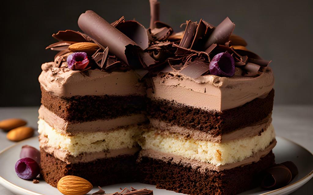 Tarta sin gluten de bizcocho de almendra y crema de cacao decorada con virutas de chocolate