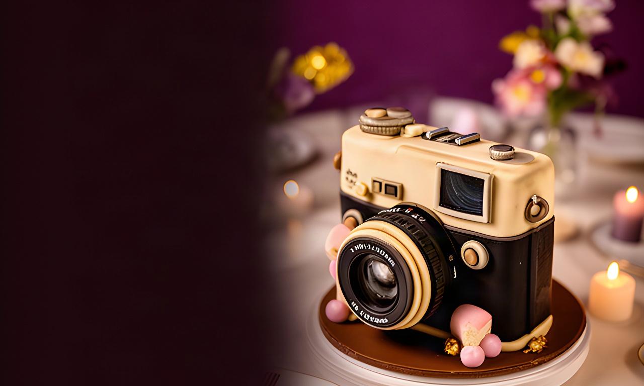 Tarta temática con forma de cámara fotográfica vintage sobre una mesa de celebración en Murcia