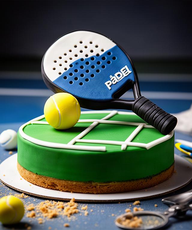 Tarta de cumpleaños adulta inspirada en pádel con raqueta y pelota comestibles