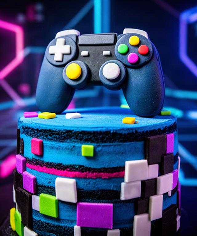 Tarta de cumpleaños temática de videojuegos con mando y detalles pixelados comestibles